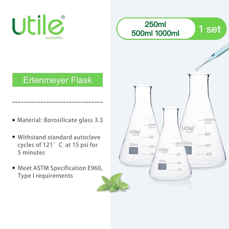 UTILE 3pcs of Glass Erlenmeyer Flask Set, 250ml 500ml 1000ml Narrow Mouth Erlenmeyer Flasks, Borosilicate 3.3 Glass Conical Flasks for Laboratory,4016.9917.1 - Image 2